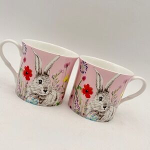 Stechcol Gracie Bone China Rabbit Wildflower Pink Bunny Mugs Set of 2 Easter